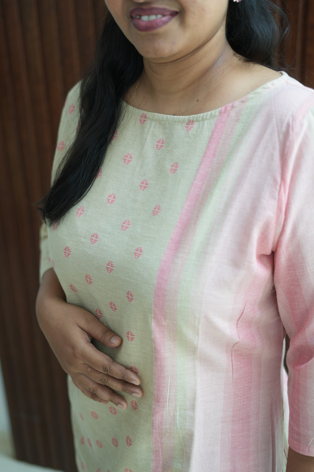 Beige Pink Handloom Stripe & Butta Kurti