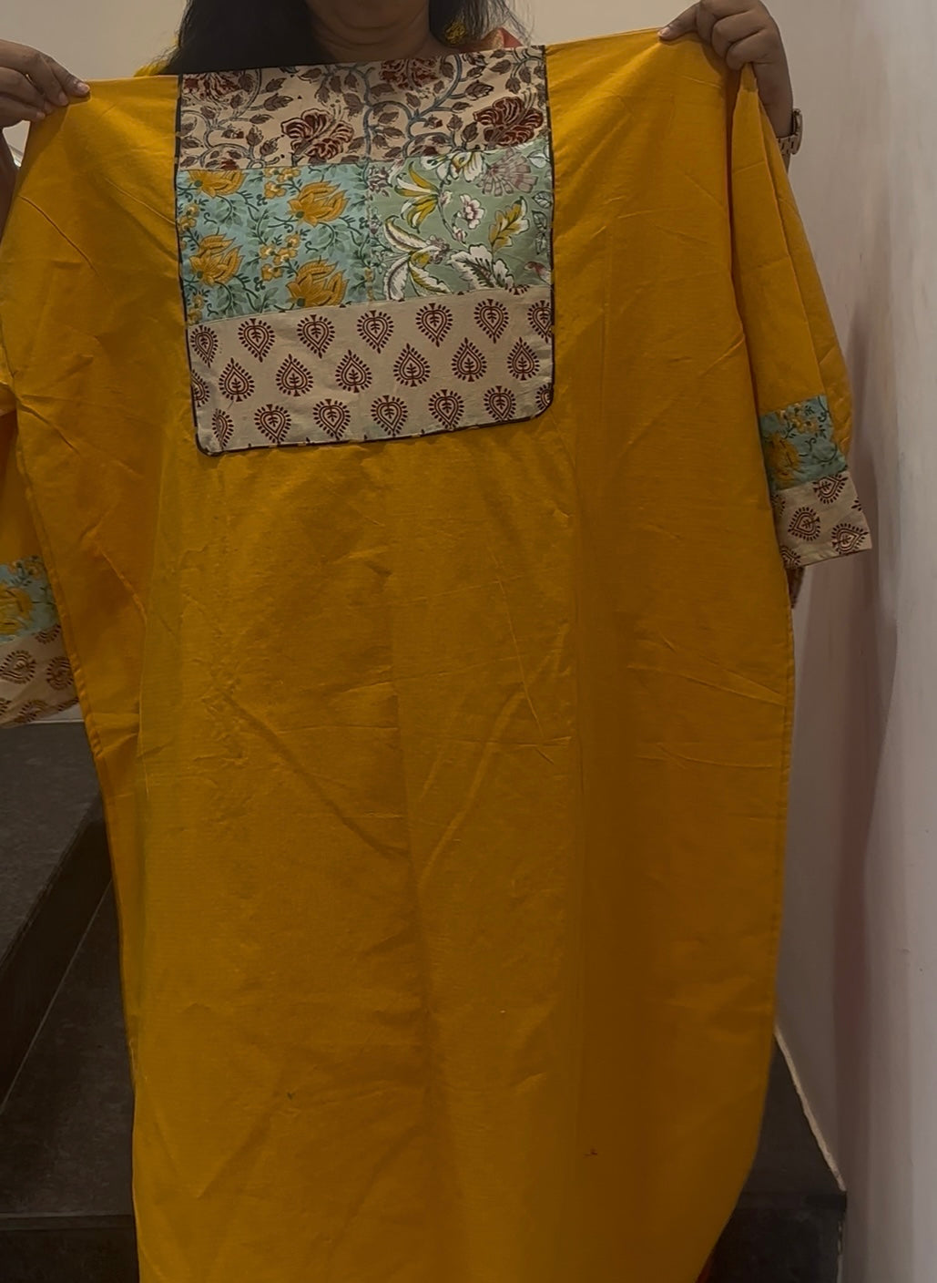 Unstitched Patch Work Kurti Material - Mustard Yellow -01