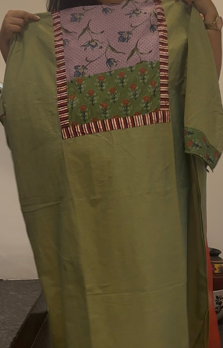 Unstitched Patch Work Kurti Material - Leafy Green-06