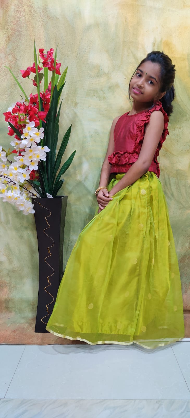 Maroon Top with Leaf Green Skirt