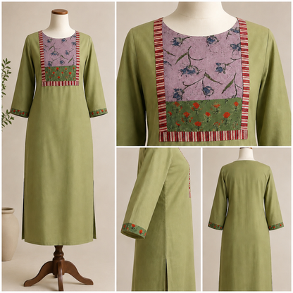 Unstitched Patch Work Kurti Material - Leafy Green-06