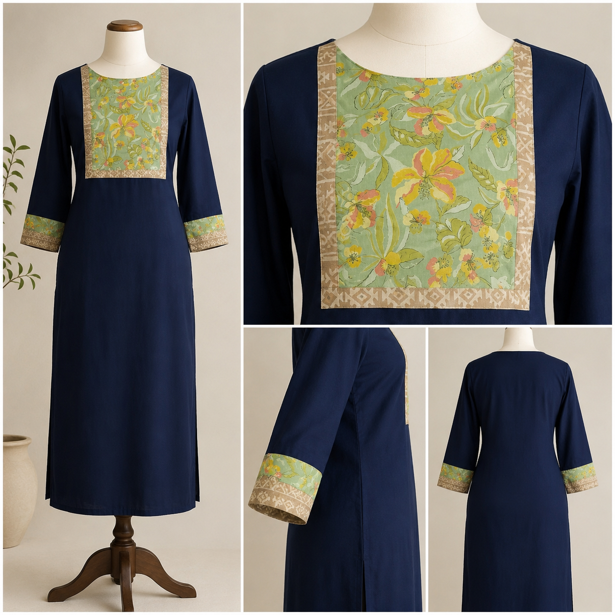 Unstitched Patch Work Kurti Material - Dark Blue -05