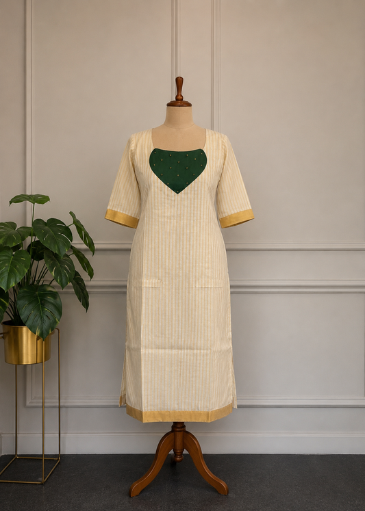 Thilaka - emerald Grace  golden stripes with green patch Kurti