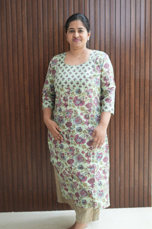 Green Jaipur Bloom Cotton Kurti