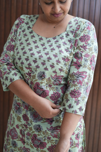 Green Jaipur Bloom Cotton Kurti