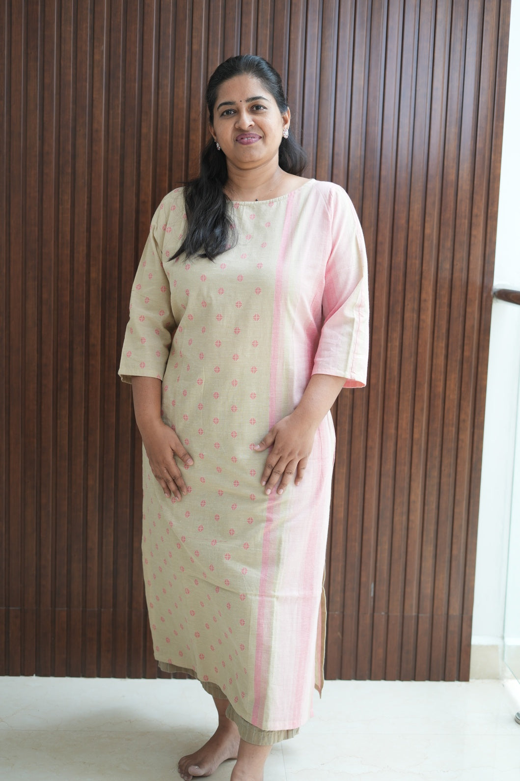 Beige Pink Handloom Stripe & Butta Kurti