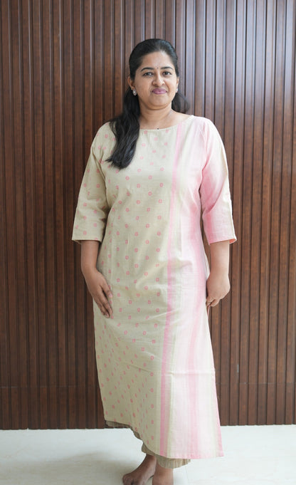 Beige Pink Handloom Stripe & Butta Kurti