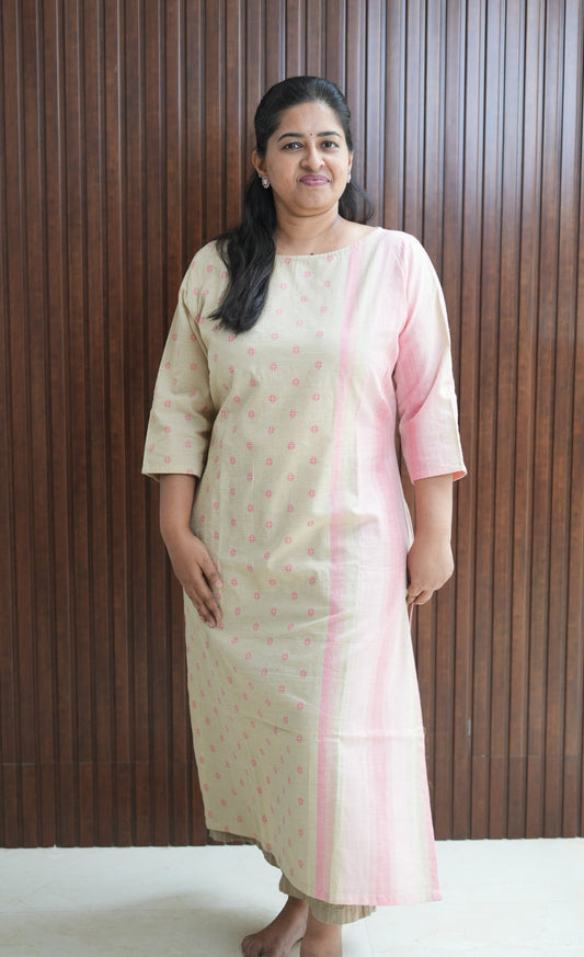 Beige Pink Handloom Stripe & Butta Kurti