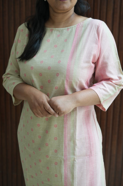 Beige Pink Handloom Stripe & Butta Kurti