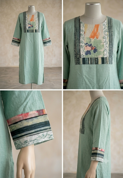 Unstitched Patch Work Kurti Material - Pastel Green-02