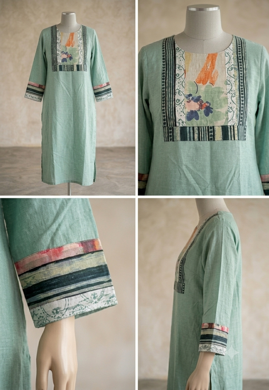 Unstitched Patch Work Kurti Material - Pastel Green-02