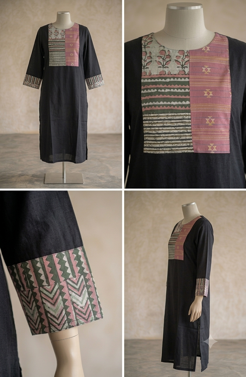 Unstitched Patch Work Kurti Material - Black-11