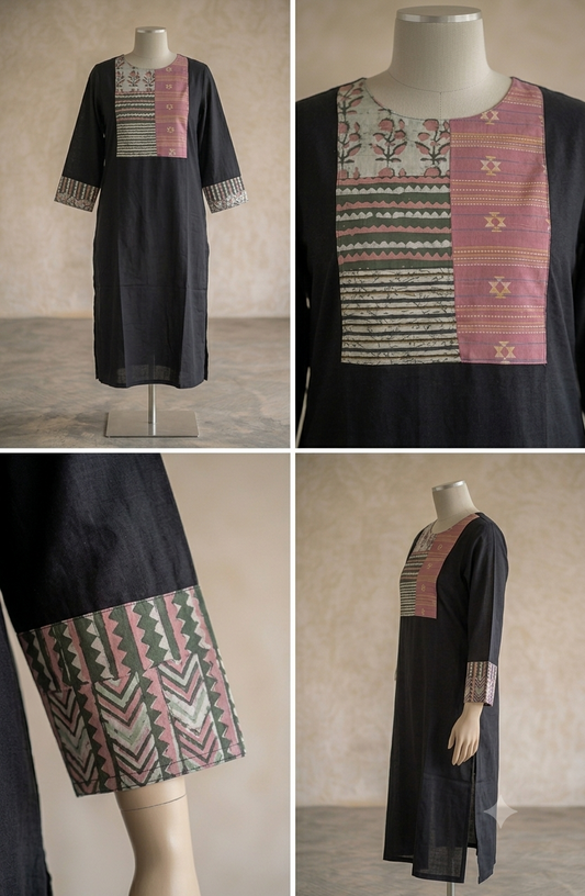 Unstitched Patch Work Kurti Material - Black-11