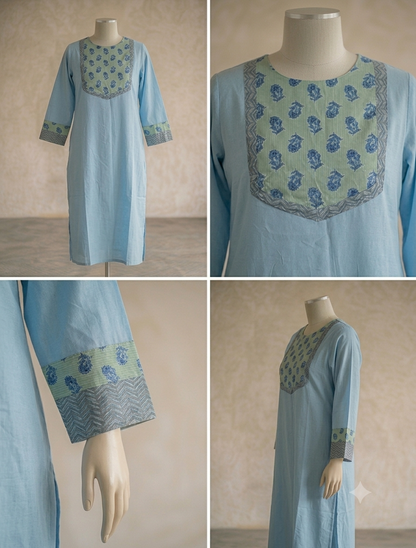 Unstitched Patch Work Kurti Material - Powder Blue -08