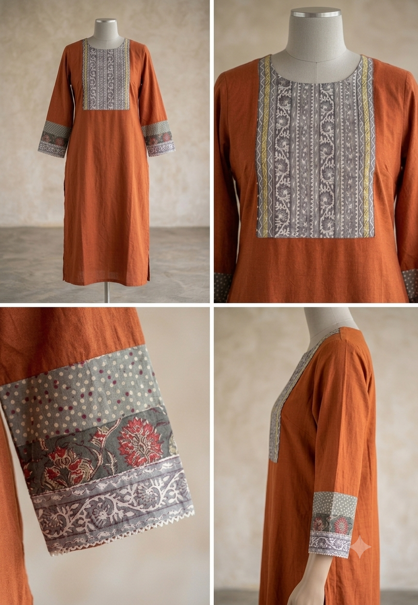 Unstitched Patch Work Kurti Material - Rust Orange -03