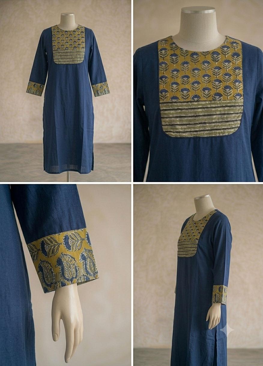 Unstitched Patch Work Kurti Material - Dark Blue-10
