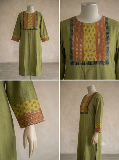 Unstitched Patch Work Kurti Material - Mild Green-09