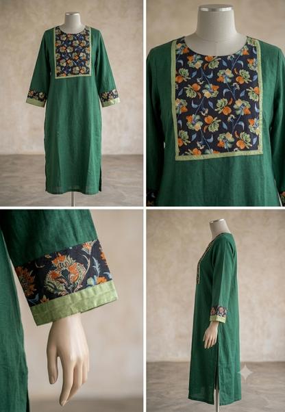 Unstitched Patch Work Kurti Material - Dark Green -04