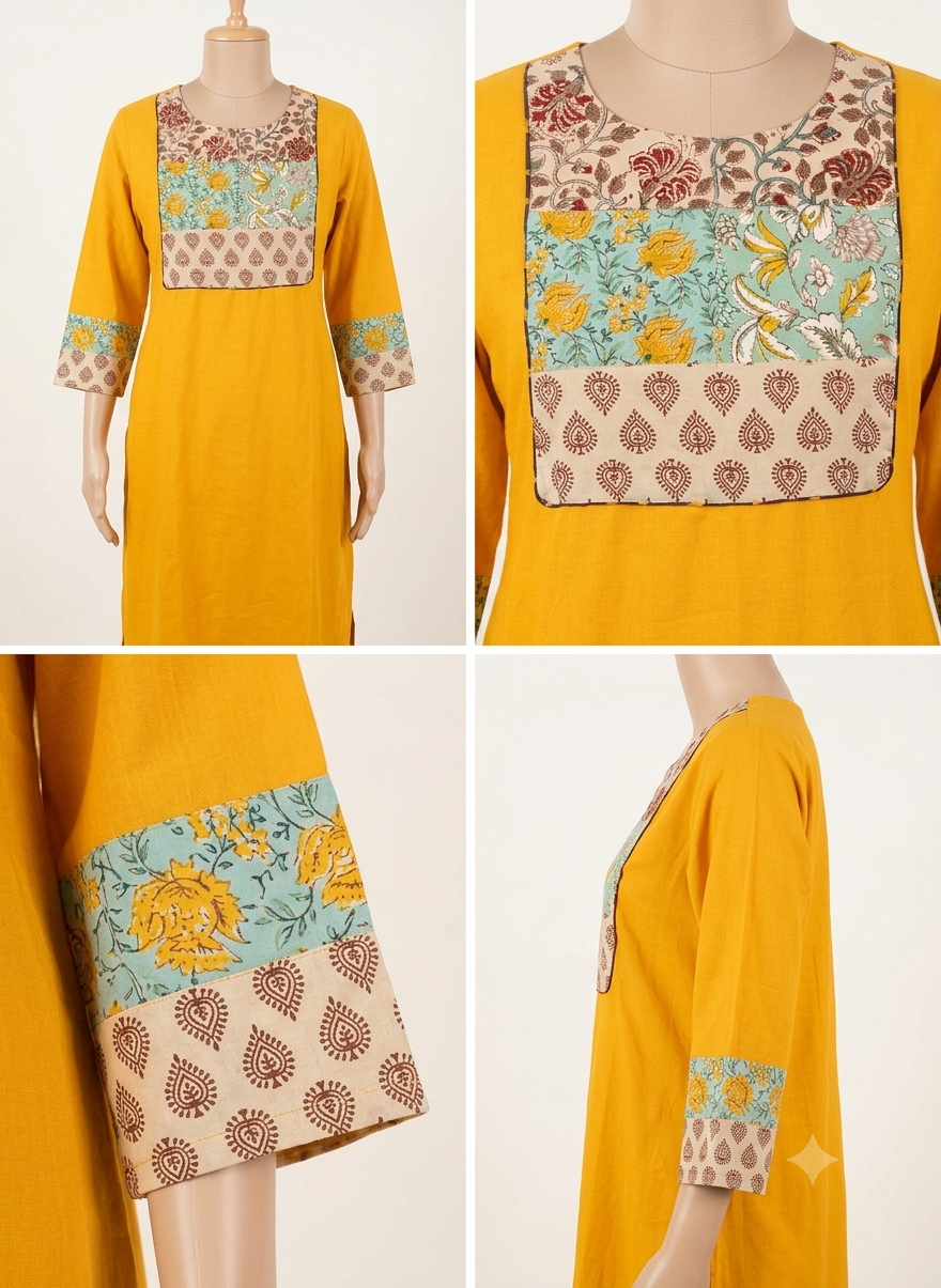 Unstitched Patch Work Kurti Material - Mustard Yellow -01