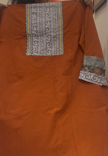 Unstitched Patch Work Kurti Material - Rust Orange -03