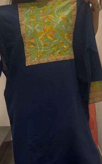 Unstitched Patch Work Kurti Material - Dark Blue -05