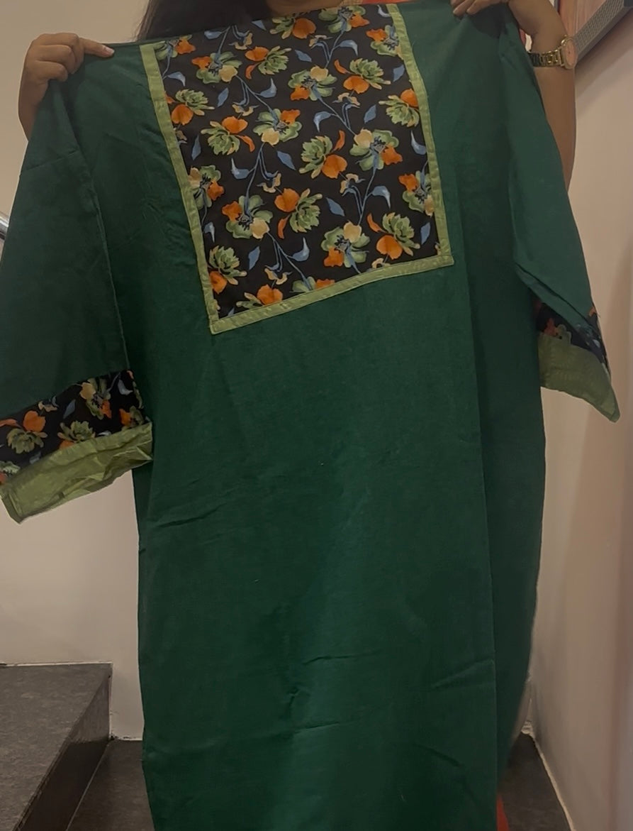 Unstitched Patch Work Kurti Material - Dark Green -04