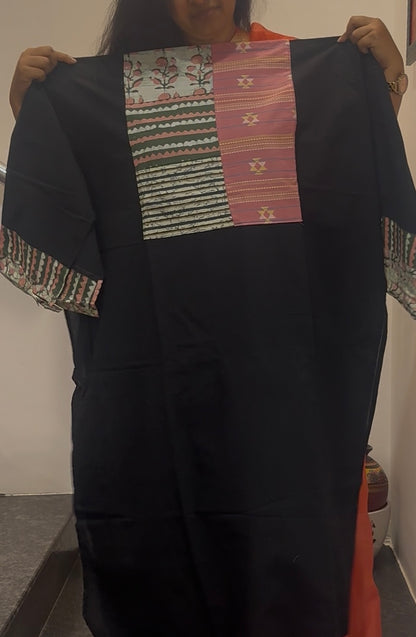 Unstitched Patch Work Kurti Material - Black-11