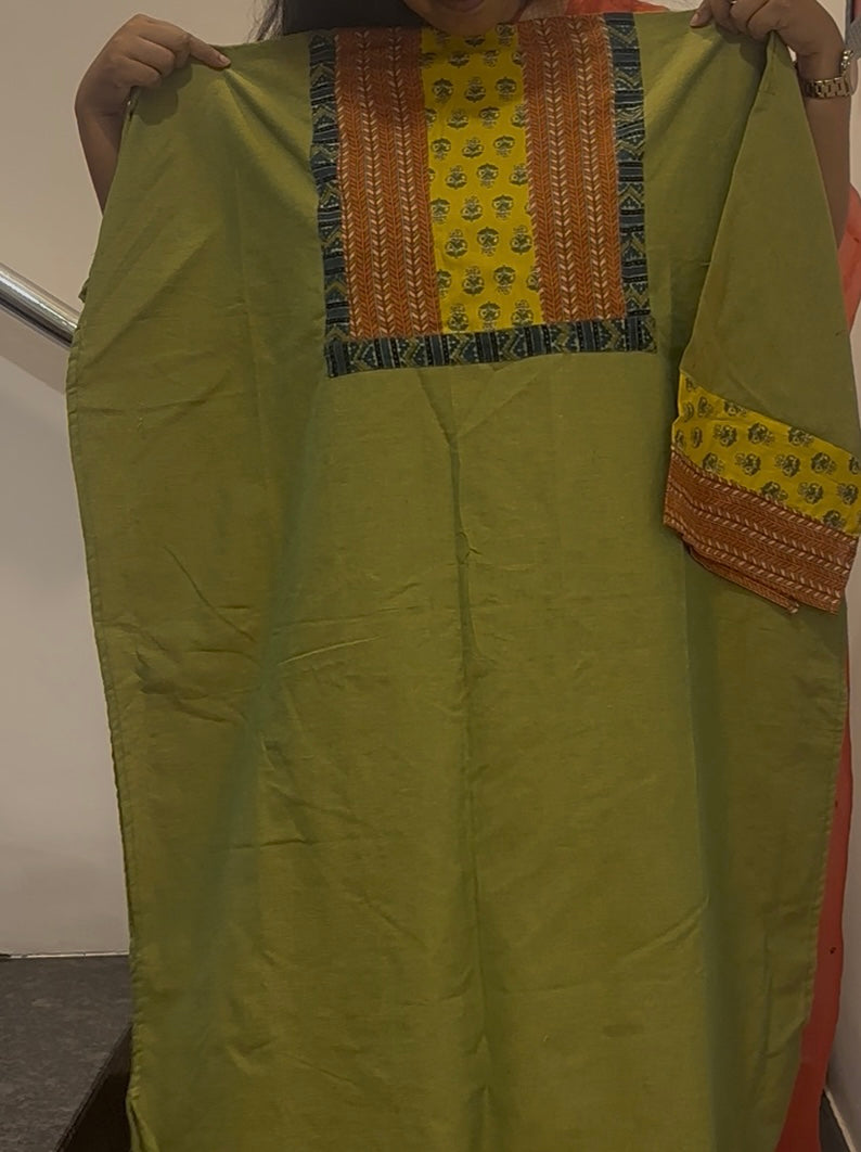 Unstitched Patch Work Kurti Material - Mild Green-09