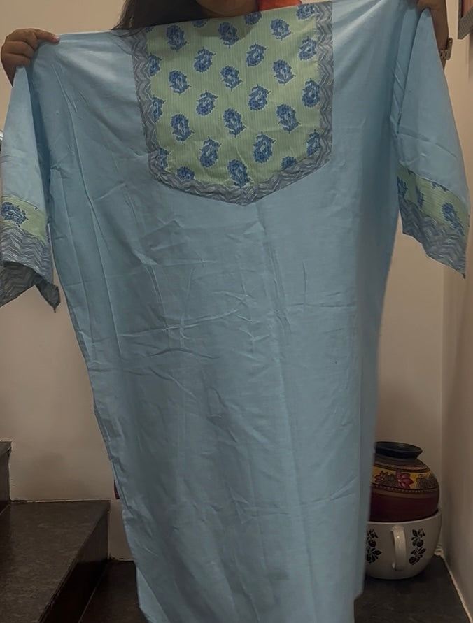Unstitched Patch Work Kurti Material - Powder Blue -08