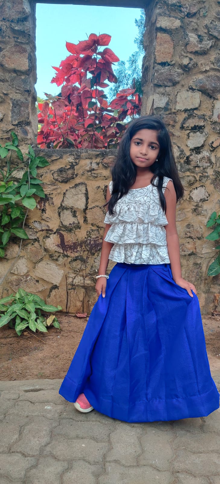 White Ruffled Top with Blue Skirt