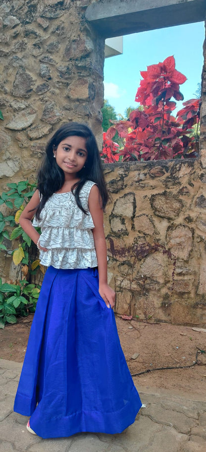 White Ruffled Top with Blue Skirt