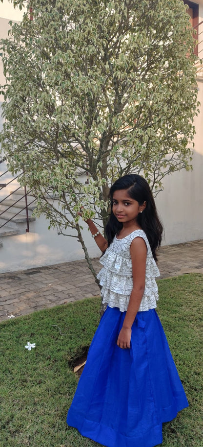 White Ruffled Top with Blue Skirt