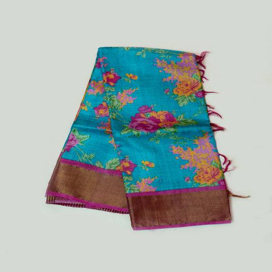 Turquoise blue with pink tusser silk saree