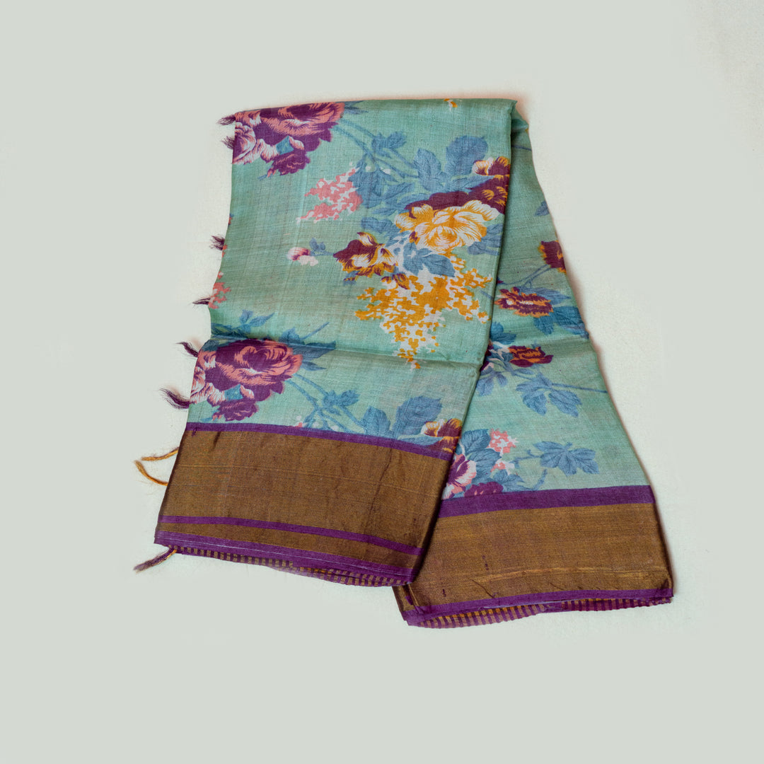 Turquoise blue with purple border tusser silk saree