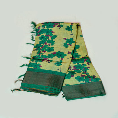 Leaf green with bottle green border tusser silk saree