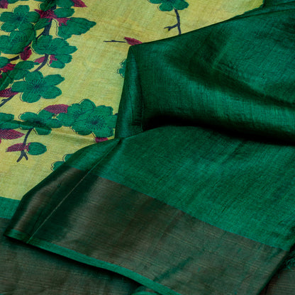 Leaf green with bottle green border tusser silk saree