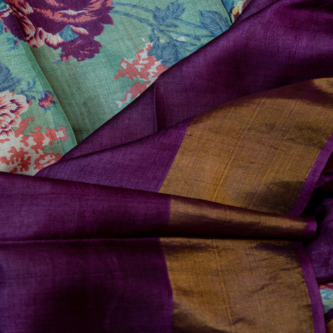 Turquoise blue with purple border tusser silk saree