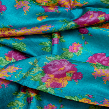 Turquoise blue with pink tusser silk saree