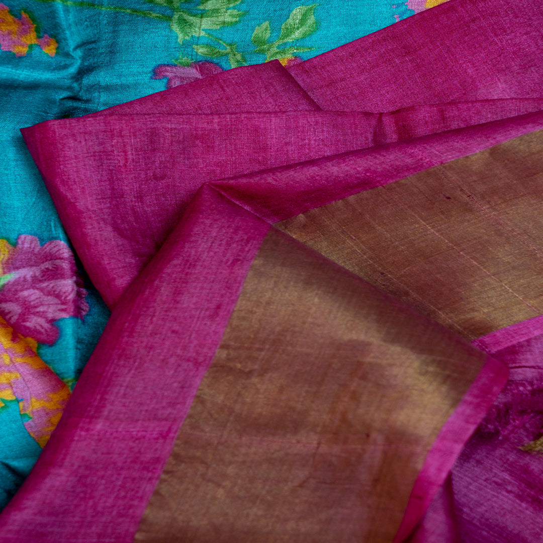 Turquoise blue with pink tusser silk saree