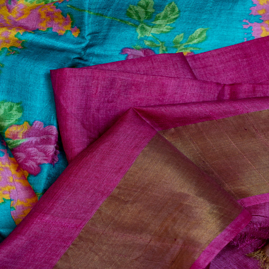 Turquoise blue with pink tusser silk saree